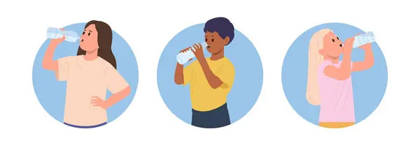 Glücklich Durstige Kinder Zeichentrickfiguren Trinken Wasser Aus Verschiedenen Verpackungen Und — Stockvektor