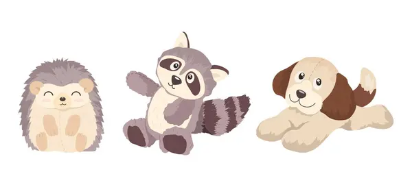 用浣熊 毛绒绒毛绒玩具为儿童制作的可爱卡通玩具 相当柔软的填充动物作为有趣的学前游戏载体说明 — 图库矢量图片