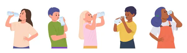 可爱的小孩卡通人物喝干净的纯净水从塑料瓶和玻璃杯中分离出来的白色背景 口渴儿童饮用健康饮品病媒图解 — 图库矢量图片