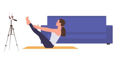Genç, zayıf kadın antrenör spor koçu çizgi film karakteri pilates blogu yönetiyor esneme ve güç gelişimi için basit egzersizler yapıyor, vektör illüstrasyonu beyaz arka planda izole edilmiş.