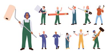 Onarım, yenileme, inşaat, mekanik ve teknik çalışma seti için el aletleri olan çeşitli insanlar. Araba servisi çalışanı, tamirci, boyacı, sıva ustası, oduncu vektör çizimi