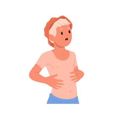 Üzgün çocuk çizgi film karakteri beyaz arka planda izole edilmiş gömlek gibi güneş yanığı üstüne acı hissederek şok oldu. Derisi zarar görmüş küçük bir erkek çocuğun yardıma ihtiyacı var ve yardımcı vektör çizimi istiyor.