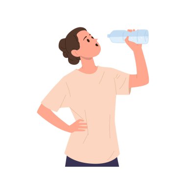 Genç sportif kadın çizgi film karakteri plastik şişeden su içerek beyaz arka planda kendini izole edilmiş hissediyor. Vücut vektör çiziminde su ve su tuzu dengesi bakımı