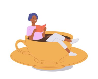 Mutlu, genç, rahat kadın çizgi film karakteri okuma kitabı beyaz arka planda izole bir şekilde dev bir kahve fincanında oturuyor. Çay saati, öğle yemeği arası, rahat atmosferde dinlenme düz vektör çizimi.