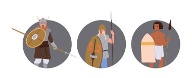 Galyalı, Mısırlı ve Viking savaşçı çizgi film karakterleri izole edilmiş yuvarlak kompozisyon seti. Mızrak ve kalkan taşıyıcı illüstrasyon taşıyan antik tarihi askerler
