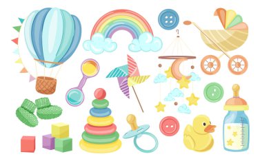 Çocuk oyuncakları, aksesuarlar, bebek partisi için giysiler beyaza izole edilmiş. Renkli çıngıraklar, örülmüş çoraplar, bebek arabası, süt şişeleri, emzik ve yeni doğan vektör illüstrasyonu için dekoratif öğeler