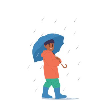Küçük çocuk çizgi film karakteri beyaz arka planda izole edilmiş bir şekilde yağmur altında şemsiyeyle yürüyor. Sevimli anaokulu çocuğu vektör çizimleri dışında mevsimsel yağmurlu havanın keyfini çıkarıyor.