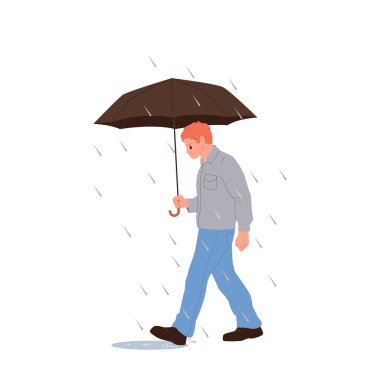 Üzgün, elinde şemsiyeyle gezen mutsuz adam çizgi film karakteri beyaz arka planda izole edilmiş yağmur fırtınası vektör çizimi altında yürüyor. Hüsrana uğramış, güneş şemsiyeli ve hava koşulları kötü olan bekar bir adam.