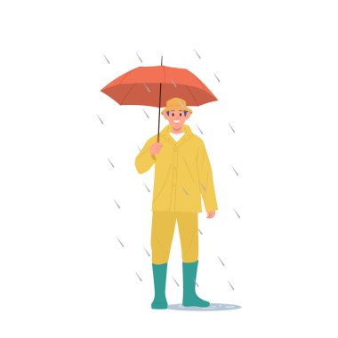 Yağmurluk giymiş, elinde şemsiyeyle sağanak altında duran gülümseyen adam beyaz arka planda izole edilmiş. Erkek çizgi film karakteri soğuk havanın tadını çıkarıyor.