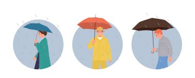 Tanımlanmamış İnsanlar şemsiyeli çizgi film karakterleri farklı duygu izole edilmiş yuvarlak kompozisyon hissediyorlar. Mutlu ve mutsuz, neşeli ve üzgün, şemsiyeli, sağanak yağmurlu vektör illüstrasyonunda yürüyen.