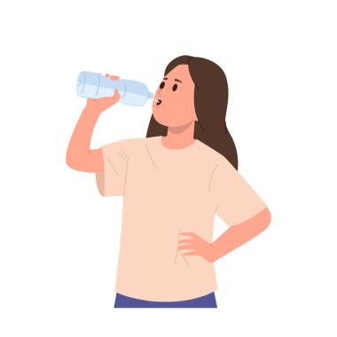Beyaz arka planda izole edilmiş plastik şişeden maden suyu içen sevimli, neşeli liseli kız çizgi film karakteri. Küçük kız çocuğu, doğal temiz su vektör çizimi ile ferahlatıcı.