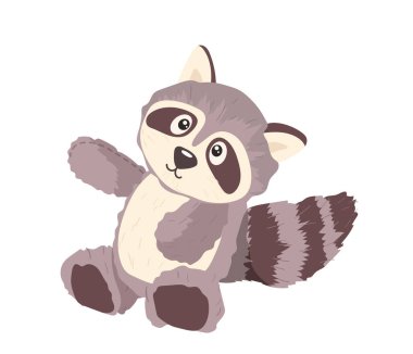Beyaz üzerine izole edilmiş şirin küçük rakun kawaii peluş oyuncak vektör çizimi. Çocuk oyunları için komik komik oyuncaklar ve iyi eğlenceler, kartpostallar için basılabilir tasarım öğesi ve kapaklar