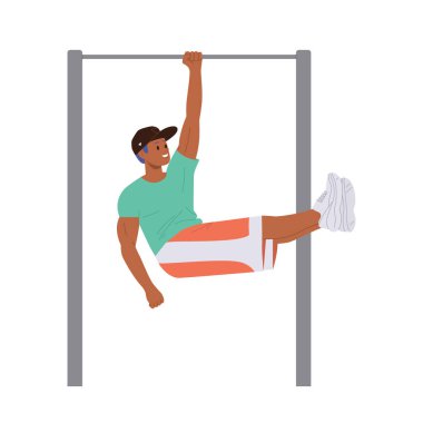 Kaslı atletik adam çizgi film karakteri beyaz arka planda izole edilmiş yatay çapraz çubuk vektör illüstrasyonunu kullanıyor. Sağlıklı yaşam tarzı fiziksel aktivite ve erkeklik