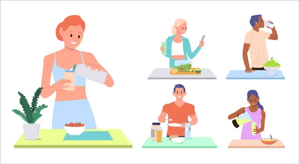 Молодые Люди Мультфильмы Персонажи Приготовления Здоровой Спортивной Пищи Кухне Стол Лицензионные Стоковые Векторы