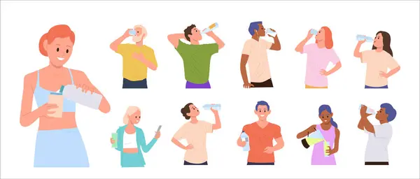Разные Люди Мультяшные Персонажи Пьют Различные Напитки Изолированные Белом Фоне Векторная Графика