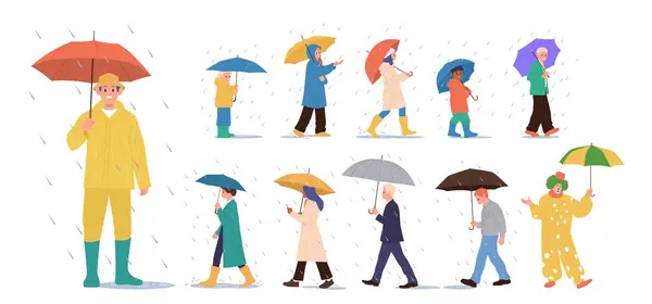 Разнообразные Взрослые Люди Детские Мультяшные Персонажи Гуляющие Зонтиками Время Дождливого Лицензионные Стоковые Векторы
