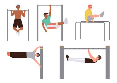 Erkek sporcu çizgi film karakterleri farklı şehir sokak jimnastiği, vücut geliştirme numaraları ve beyaz barlarda izole edilmiş numaralar yapıyor. Güçlü adam jimnastik yapıyor vektör çizimi yapıyor