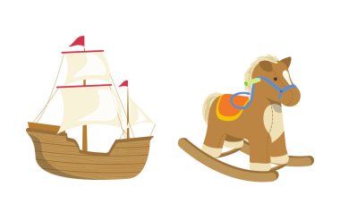 Çocuklar için ahşap oyuncaklar vektör illüstrasyonu. Sallanan at ve yelkenli gemi beyaz arka planda izole edildi. Okul öncesi eğlence aktivitesi çocuk parkında ya da anaokulu çizgi film tasarım elementlerinde