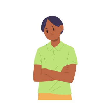 Beyaz arka planda izole bir şekilde göğsüne dokunan çocuk çizgi film karakteri. Genç erkek çocuğun kavga etmesi ve negatif duygu taşıyıcı illüstrasyonu yaşamasından memnun değil.