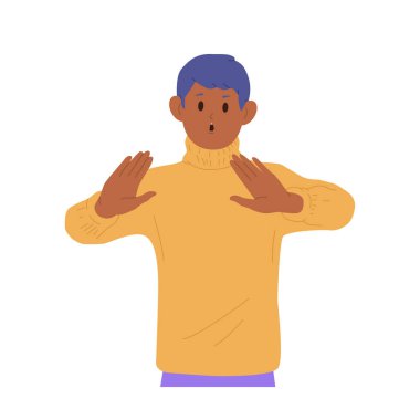 Endişeli çocuk çizgi film karakteri, beyaz arka planda izole edilmiş olumsuz duyguların reddedildiğini gösteren bir avuç içi uyarısıyla duraksadı. Çocuklar sözsüz iletişim vektörü çizimi