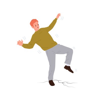 Deprem korkusuyla karikatür karakterini izole eden genç adam yerdeki çatlaklara bakarak doğal afetten korkuyor. Beyaz arka planda izole edilmiş tehlikeli vektör çiziminden kaçınmaya çalışan erkek kişi