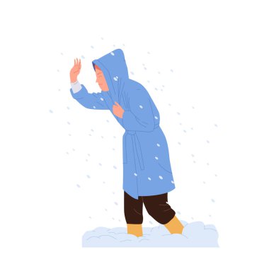 Kar fırtınası taşıyıcı illüstrasyonunda yürüyen kadın çizgi film karakteri. Kış mevsiminde yoğun kar yağışı yaşayan kadın beyaz arka planda izole edilmiş. Halk ve meteorolojik sorun