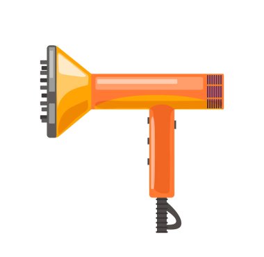 Beyaz arka planda izole edilmiş saç şekillendirme fonksiyonu düzeltme vektör illüstrasyonu olan profesyonel bir fan. Fırça başlıklı saç kurutma makinesi, cilt kaplaması eklentisi