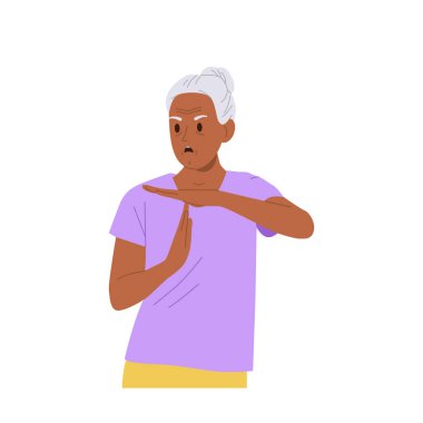 Öfkeli agresif yaşlı kadın çizgi film karakteri mola veriyor, inkar jesti olumsuz duygu ve tepki izole vektör çizimi hissediyor. İçki yasağı ve el işaretini reddetme