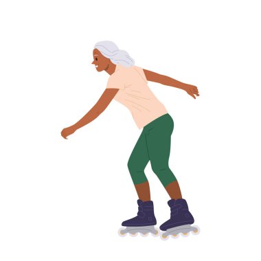 Beyaz arka planda izole edilmiş spor aktivitelerinin tadını çıkaran gri saçlı kadın çizgi film karakterleri. Aktif emeklilik, emeklilik vektörü illüstrasyonu sırasında sağlıklı yaşam tarzı