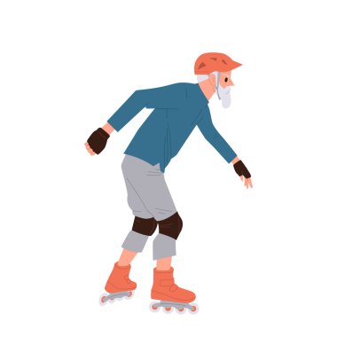 Üst düzey çizgi film karakteri koruyucu vitesler takıyor, paten kayıyor, dışarıda beyaz arka planda tek başına eğitim görüyor. Etkin emeklilik, spor hobisi ve uzun ömürlü vektör çizimi hareketi