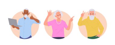 Olumlu iyimser yaşlı insanlar karikatür karakterleri farklı jestlerle izole edilmiş yuvarlak kompozisyonda. Mutlu, olgun, olgun bir kadın. Zevk ve tatmin edici vektör çizimi gösteriyor.