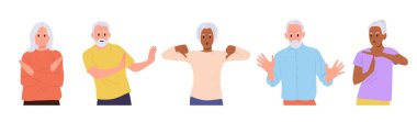 Yaşlılar karikatür karakteri olumsuz, reddeden, reddeden, durduran ve beyaza izole edilmiş bir jest sergiliyor. Yaşlı erkek ve kadın emeklilik ifadesi, vücut dili illüstrasyonu