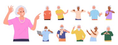 Yaşlı insanlar, beyaz arka planda olumlu ve olumsuz duyguları ifade eden karikatür karakterleri çiziyorlar. Sözsüz insan iletişim vektörü illüstrasyonu için vücut dili