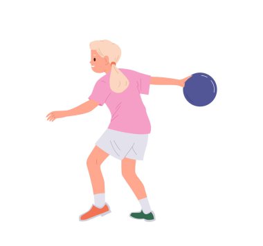 Mutlu kız çocuk çizgi film karakteri beyaz arka planda izole edilmiş bowling kulübünde eğleniyor. Genç bowlingci çocuk vuruş vektör illüstrasyonunu hedefliyor ve top atıyor.