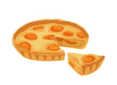 Taze veya kurutulmuş kayısılı turta, tatlı kabak ya da beyaz arka planda izole edilmiş sulu şeftali. Vitamin fırını menüsü, sağlıklı beslenme, hamur işi pişirme, ev yapımı tatlı çizgi film çizimi.