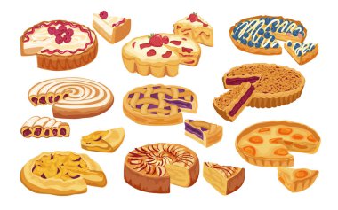 Dilimlenmiş geleneksel tatil pastaları ve beyaz arka planda farklı dolgular. Şükran Günü tatlı pastası, çırpılmış krema ve doğal böğürtlen, balkabağı, reçel vektör çizimi.