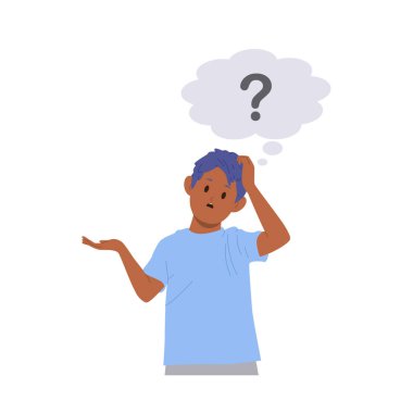 Gergin çocuk çizgi film karakteri, beyaz arka planda izole edilmiş soru vektör illüstrasyonunu yanlış anlamakta zorlanıyor. Endişeli erkek çocuk cevap bekliyor.