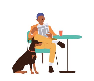 Tarz sahibi iş adamı çizgi film karakteri, beyaz arka planda izole edilmiş bir hayvan dostu kafede masa başında otururken köpeğiyle gazete okuyarak vakit geçiriyor. Halka açık bir yer hayvan sahibi