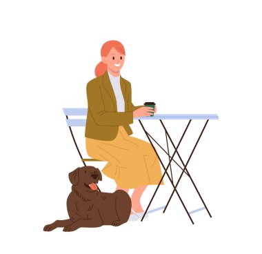 Mutlu gülümseyen moda kadını çizgi film karakteri ve köpek dostu sokak kafesi çizimi. Rahatlamış kadın şahsiyet kahve içiyor ve beyaz köpek yavrusuyla boş vakitlerin tadını çıkarıyor.