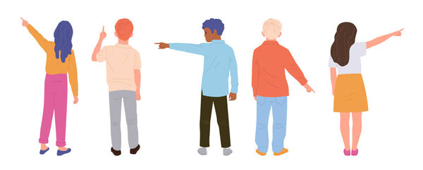 Back view of children cartoon characters pointing finger aside, forward or upwards isolated set on white background. Little boys and girls gesturing feeling curiosity and wonder vector illustration