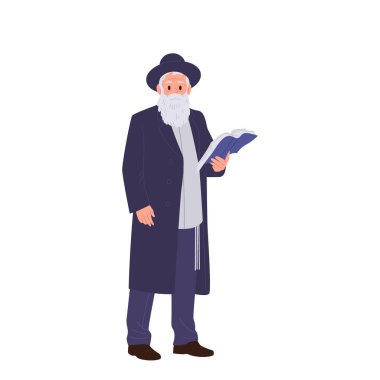 Beyaz arka planda izole edilmiş Talmud Torah vektör çizimi taşıyan geleneksel etnik kıyafetler giyen gri saçlı haham ruhani lider çizgi film karakteri. Yahudilik din öğretmeni