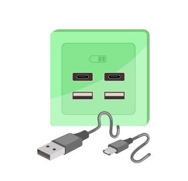 Beyaz arkaplanda izole edilmiş aksesuar vektör illüstrasyonlu mikro usb ve mobil şarj tipi c. Smartphone, ethernet ve elektronik karikatürler için elektrik prizi ve soket