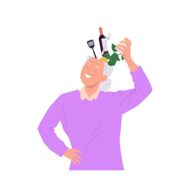 Neşeli, sağlıklı, yaşlı, gri saçlı kadın çizgi film karakteri, beyaz arka planda izole edilmiş, hobi ve boş zaman aktiviteleri hakkında bilgi dolu.