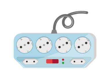 Çoklu prize adaptör güç şeridi elektrik çıkış vektör illüstrasyonu beyaz arka planda izole edildi. Elektrik ağı iletimi ve tüketimi için prizlere bağlı plastik kablo konnektörü