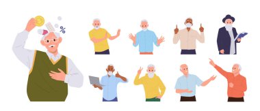 Değişik duygusal jest ve yüz ifadesi olan yaşlı adam çizgi film karakterleri, farklı aktiviteler ve beyaz arka planda izole edilmiş profesyonel iş vektör çizimleri.