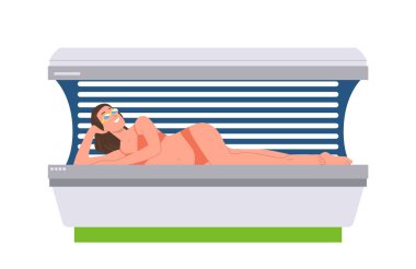 Çekici cazibeli kadın çizgi film karakteri beyaz arka planda izole edilmiş solaryumda kozmetoloji prosedüründe bronz güneş yanığı oluyor. Güzellik salonu vektör illüstrasyonunda bronzlaşma hizmeti