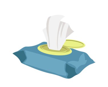 Antibakteriyel mendiller ıslak tekstil peçeteleri beyaz arka planda izole edilmiş düz çizgi film vektör çizimleri içerir. Tek kullanımlık kişisel hijyen malzemesi, tuvalet kağıdı pamuğuyla kaplanmış flap kutusu.