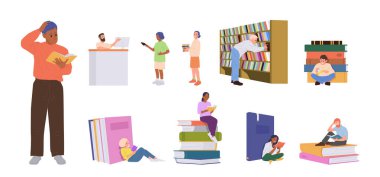Çeşitli edebiyat hayranları, kütüphanede veya kitapçıda beyaz arka planda izole edilmiş kitapları olan çizgi film karakterleri. Kitap çaprazlama, edebiyat değiş tokuşu, wel-read vektör çizimi