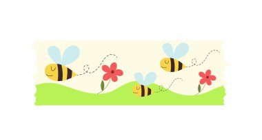 Tatlı bal arısı böcekleri desenli dekoratif washi bandı çiçek çayırı çizimi üzerinde uçuyor. Beyaz arkaplanda izole edilmiş komik şablon şablonu olan şerit ayırıcı üzerindeki modaya uygun çocuksu motif