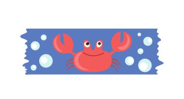 Beyaz arka planda izole edilmiş mavi deniz arka plan çizimi üzerinde sevimli çocuksu yengeç yaratığı olan dekoratif washi şeridi. Kawaii maskeleme etiketi ayırıcısında garip deniz ürünleriyle süslenir.
